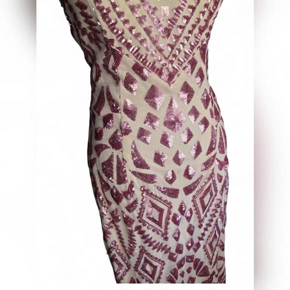 Allie Blu Pink/Cream Sequin Halter Backless Lace-up  Bodycon Formal Prom Dress - Picture 3 of 13